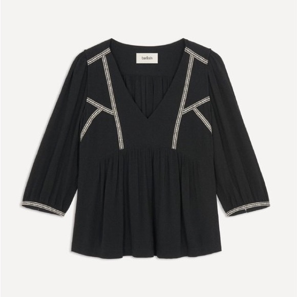 ba&sh bash Paris Embroidered Amber Blouse in Noir Peasant Top - Picture 2 of 7